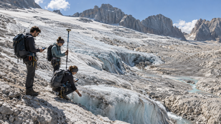 Ricercatori universitari misurano il ritiro di un ghiacciaio alpino tra ghiaccio e rocce esposte.