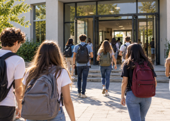 Gruppo di studenti con gli zaini entra nell’edificio scolastico.