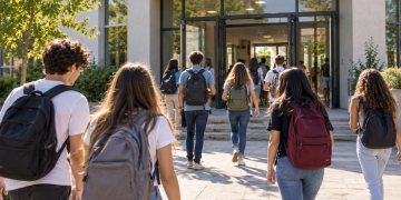 Gruppo di studenti con gli zaini entra nell’edificio scolastico.