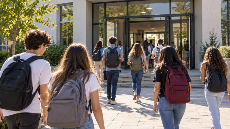 Gruppo di studenti con gli zaini entra nell’edificio scolastico.