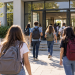 Gruppo di studenti con gli zaini entra nell’edificio scolastico.