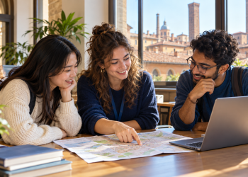 Tutor universitario aiuta studenti internazionali a orientarsi durante un’esperienza di mobilità.