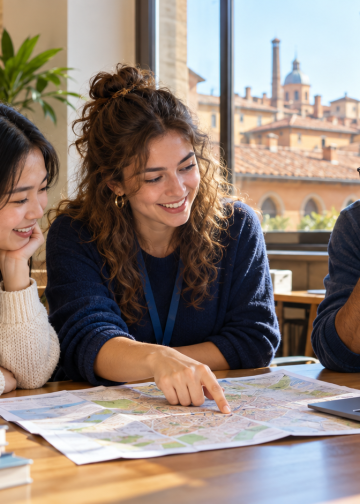 Tutor universitario aiuta studenti internazionali a orientarsi durante un’esperienza di mobilità.
