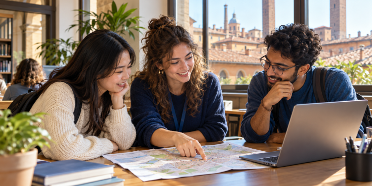 Tutor universitario aiuta studenti internazionali a orientarsi durante un’esperienza di mobilità.