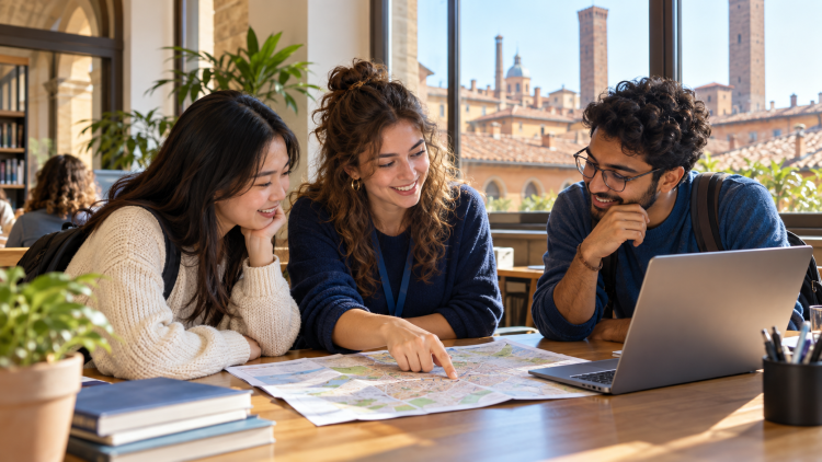 Tutor universitario aiuta studenti internazionali a orientarsi durante un’esperienza di mobilità.