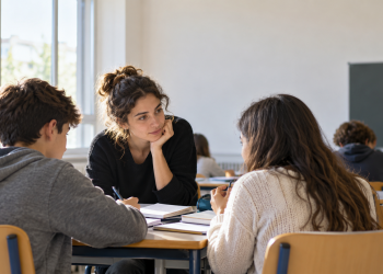 Una docente segue due studenti durante un’attività di apprendimento dell’italiano