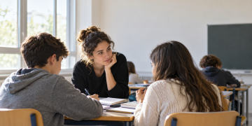 Una docente segue due studenti durante un’attività di apprendimento dell’italiano