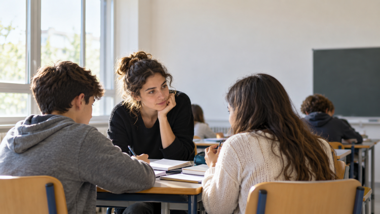 Una docente segue due studenti durante un’attività di apprendimento dell’italiano