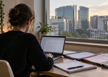 Giovane al computer prepara curriculum e documenti per candidarsi ai tirocini Schuman 2027