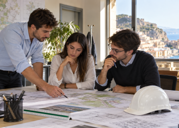 Tre giovani specialisti tecnici esaminano un progetto territoriale in un ufficio