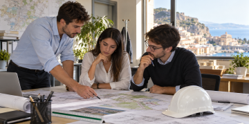 Tre giovani specialisti tecnici esaminano un progetto territoriale in un ufficio
