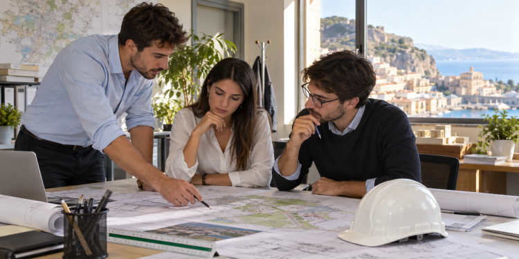 Tre giovani specialisti tecnici esaminano un progetto territoriale in un ufficio