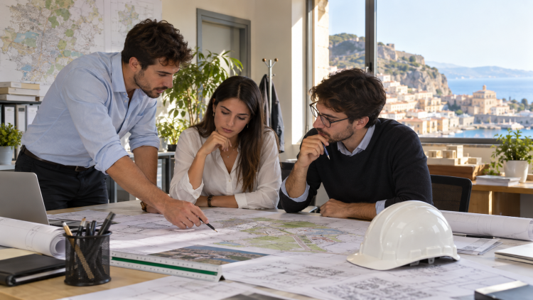 Tre giovani specialisti tecnici esaminano un progetto territoriale in un ufficio