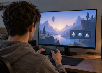 Giovane gioca online davanti a una schermata con opzioni di acquisto in-game