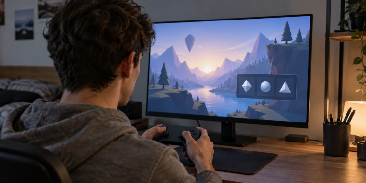 Giovane gioca online davanti a una schermata con opzioni di acquisto in-game