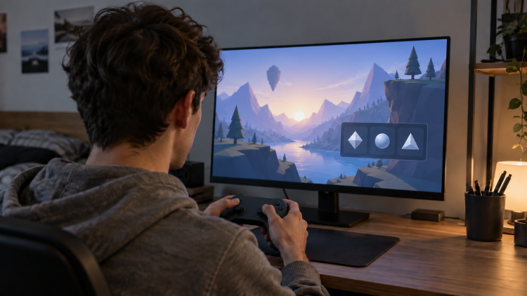 Giovane gioca online davanti a una schermata con opzioni di acquisto in-game