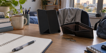 Smartphone pieghevole generico su una scrivania universitaria accanto a un portafoglio vuoto.