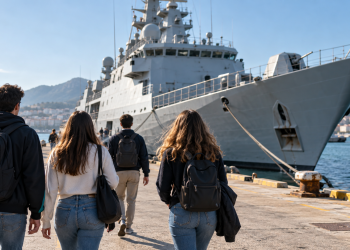 Giovani al porto davanti a una nave, immagine illustrativa del concorso Marina Militare 2027