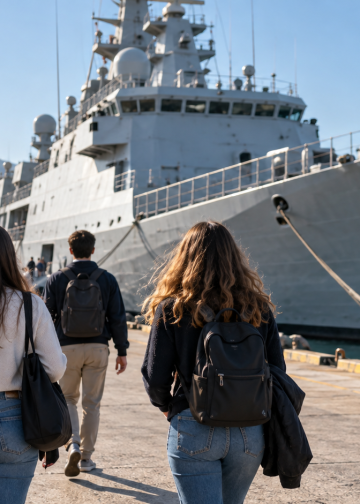 Giovani al porto davanti a una nave, immagine illustrativa del concorso Marina Militare 2027