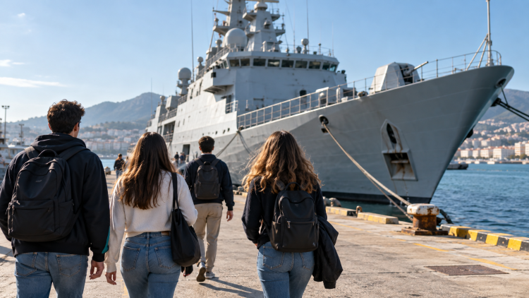 Giovani al porto davanti a una nave, immagine illustrativa del concorso Marina Militare 2027