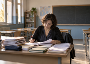 Insegnante corregge i compiti in un’aula vuota dopo le lezioni