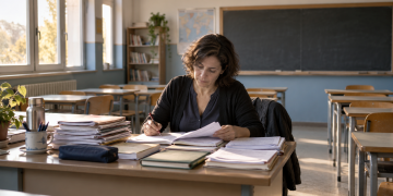 Insegnante corregge i compiti in un’aula vuota dopo le lezioni