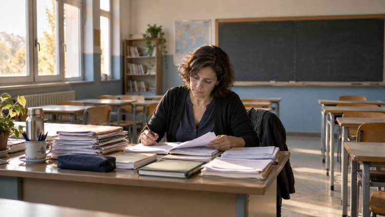 Insegnante corregge i compiti in un’aula vuota dopo le lezioni