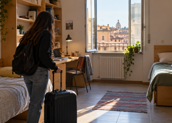 Studentessa con valigia in una camera di studentato universitario