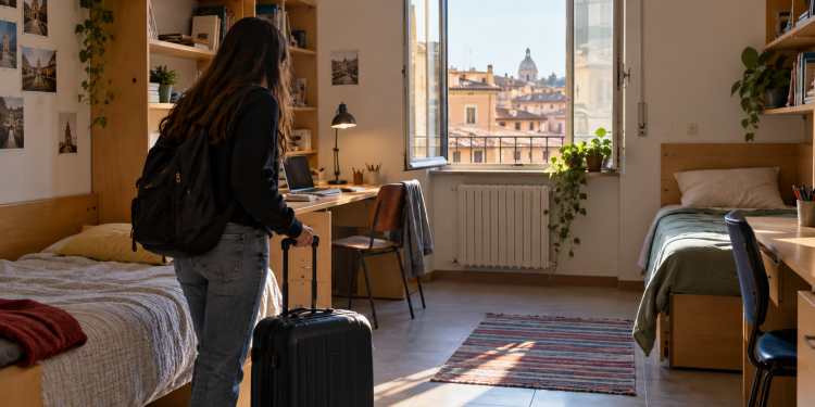 Studentessa con valigia in una camera di studentato universitario