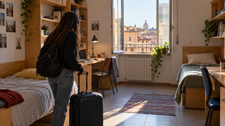 Studentessa con valigia in una camera di studentato universitario
