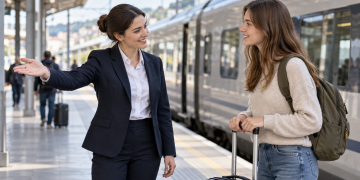Una giovane addetta all’assistenza indica la direzione a una viaggiatrice sul marciapiede di una stazione.