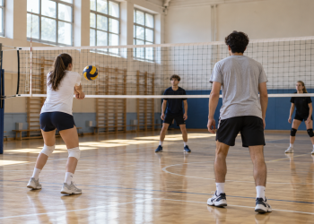 Studenti di spalle durante un’attività di pallavolo in una palestra scolastica.