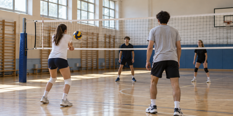Studenti di spalle durante un’attività di pallavolo in una palestra scolastica.