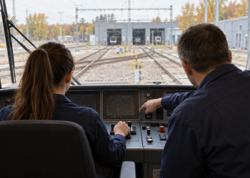 Formazione per macchinisti Trenitalia: scena illustrativa con una giovane e un istruttore nella cabina di un treno.