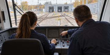 Formazione per macchinisti Trenitalia: scena illustrativa con una giovane e un istruttore nella cabina di un treno.