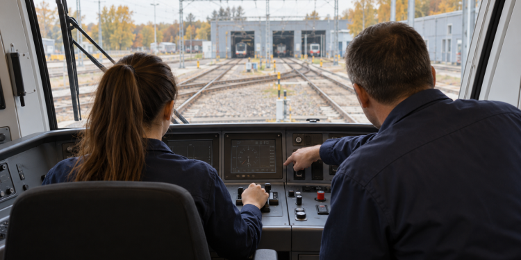 Formazione per macchinisti Trenitalia: scena illustrativa con una giovane e un istruttore nella cabina di un treno.