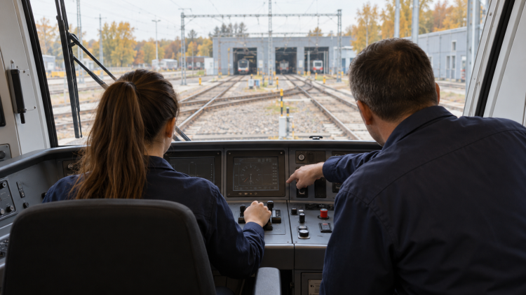 Formazione per macchinisti Trenitalia: scena illustrativa con una giovane e un istruttore nella cabina di un treno.