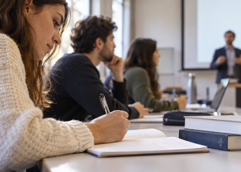Una studentessa prende appunti durante una lezione universitaria con altri partecipanti