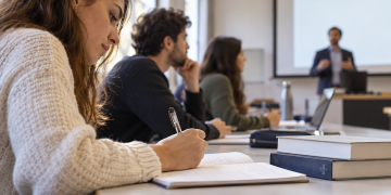 Una studentessa prende appunti durante una lezione universitaria con altri partecipanti