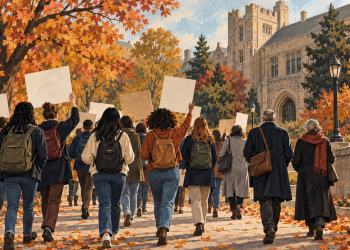 Illustrazione di studenti e docenti in una manifestazione universitaria, a corredo del caso Cornell.