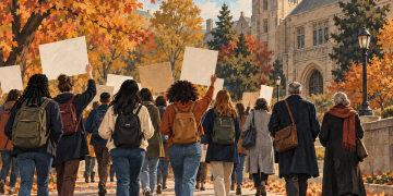 Illustrazione di studenti e docenti in una manifestazione universitaria, a corredo del caso Cornell.