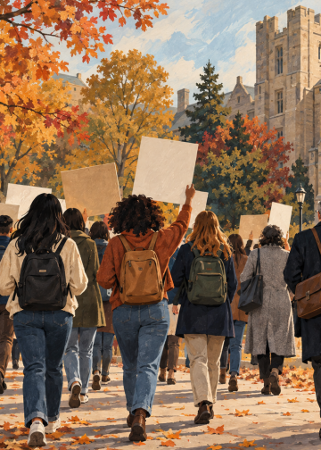 Illustrazione di studenti e docenti in una manifestazione universitaria, a corredo del caso Cornell.