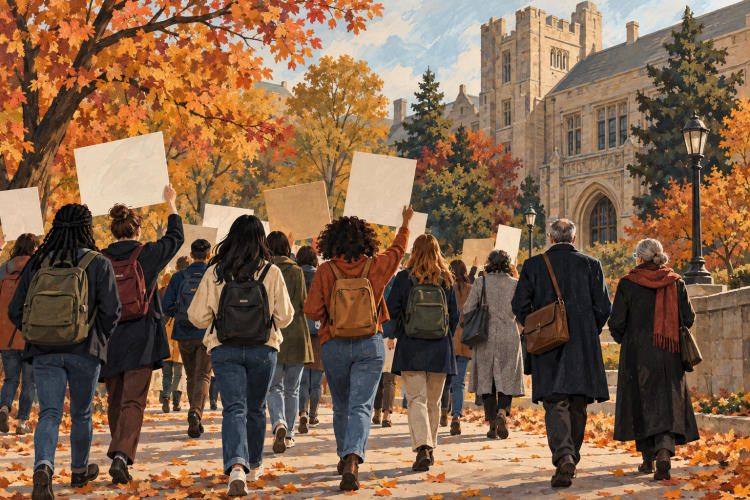 Illustrazione di studenti e docenti in una manifestazione universitaria, a corredo del caso Cornell.
