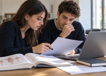 Due giovani consultano documenti e un computer durante la preparazione di una candidatura
