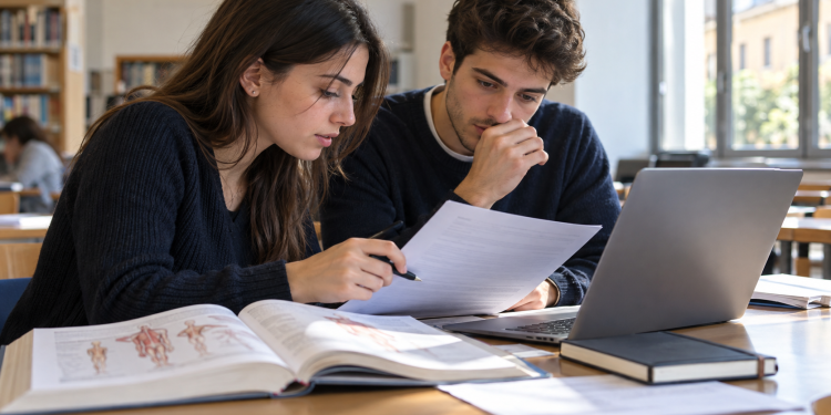 Due giovani consultano documenti e un computer durante la preparazione di una candidatura