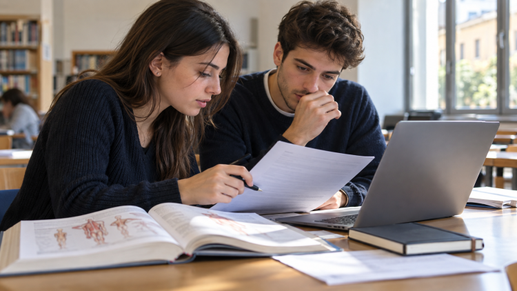 Due giovani consultano documenti e un computer durante la preparazione di una candidatura