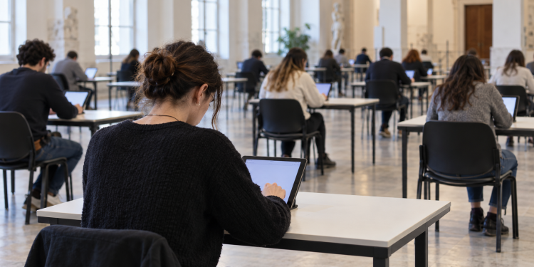 Candidati seduti a postazioni separate svolgono una prova concorsuale su tablet.