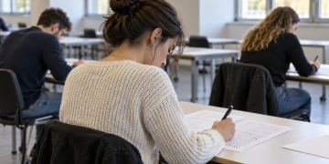 Candidati seduti a banchi separati compilano un questionario cartaceo durante una prova d’esame.