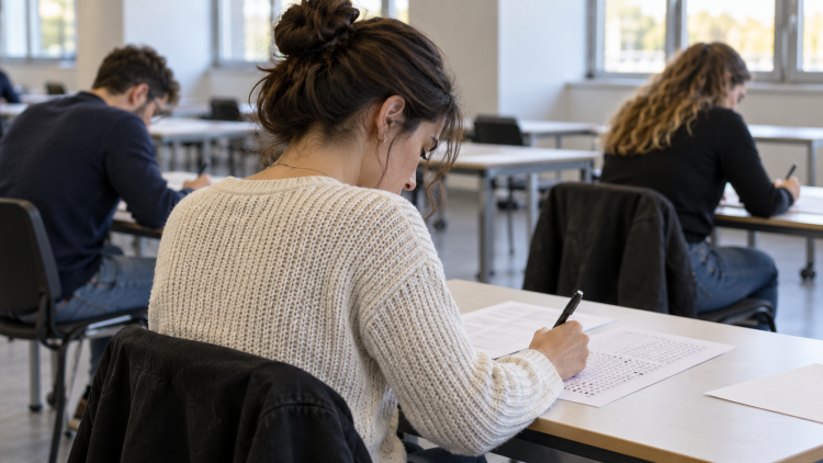 Candidati seduti a banchi separati compilano un questionario cartaceo durante una prova d’esame.