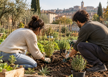 Giovani impegnati nella cura di un orto comunitario